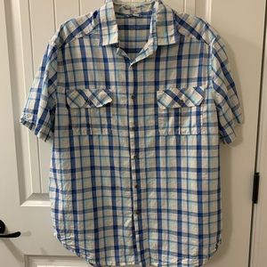 Ocean & Coast men's button short sleeve shirt white blue aqua plaid L